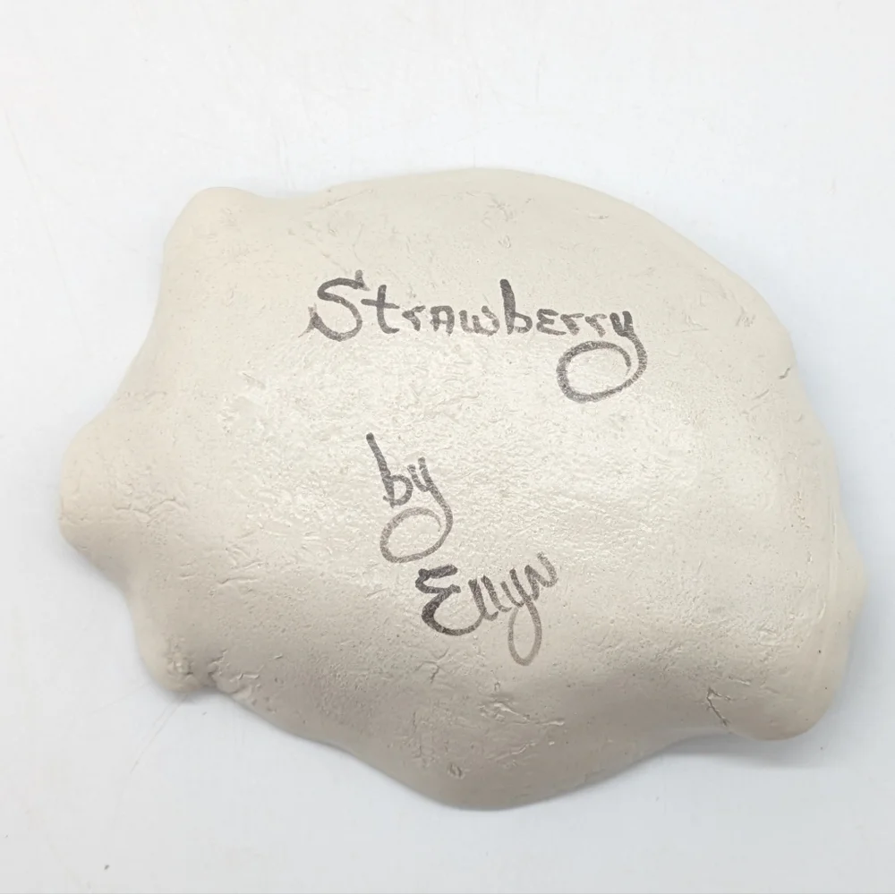 Handmade white grey strawberry plant imprint ceramic dish